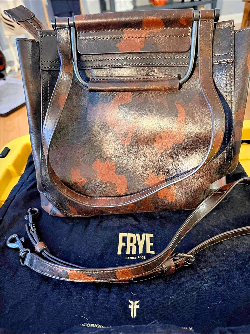 Frye Charlie Multi-Handle Leather Tote Brown & Black Camo *RARE*